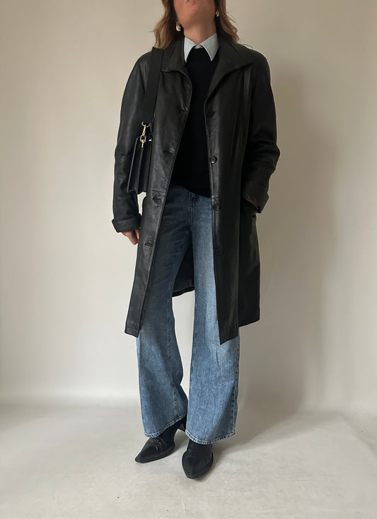 Trench trapuntato in pelle nera