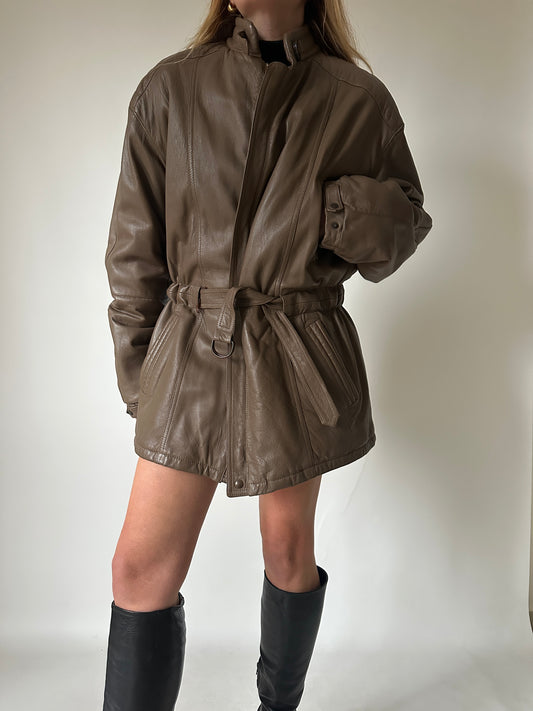 Giacca tortora in pelle imbottita