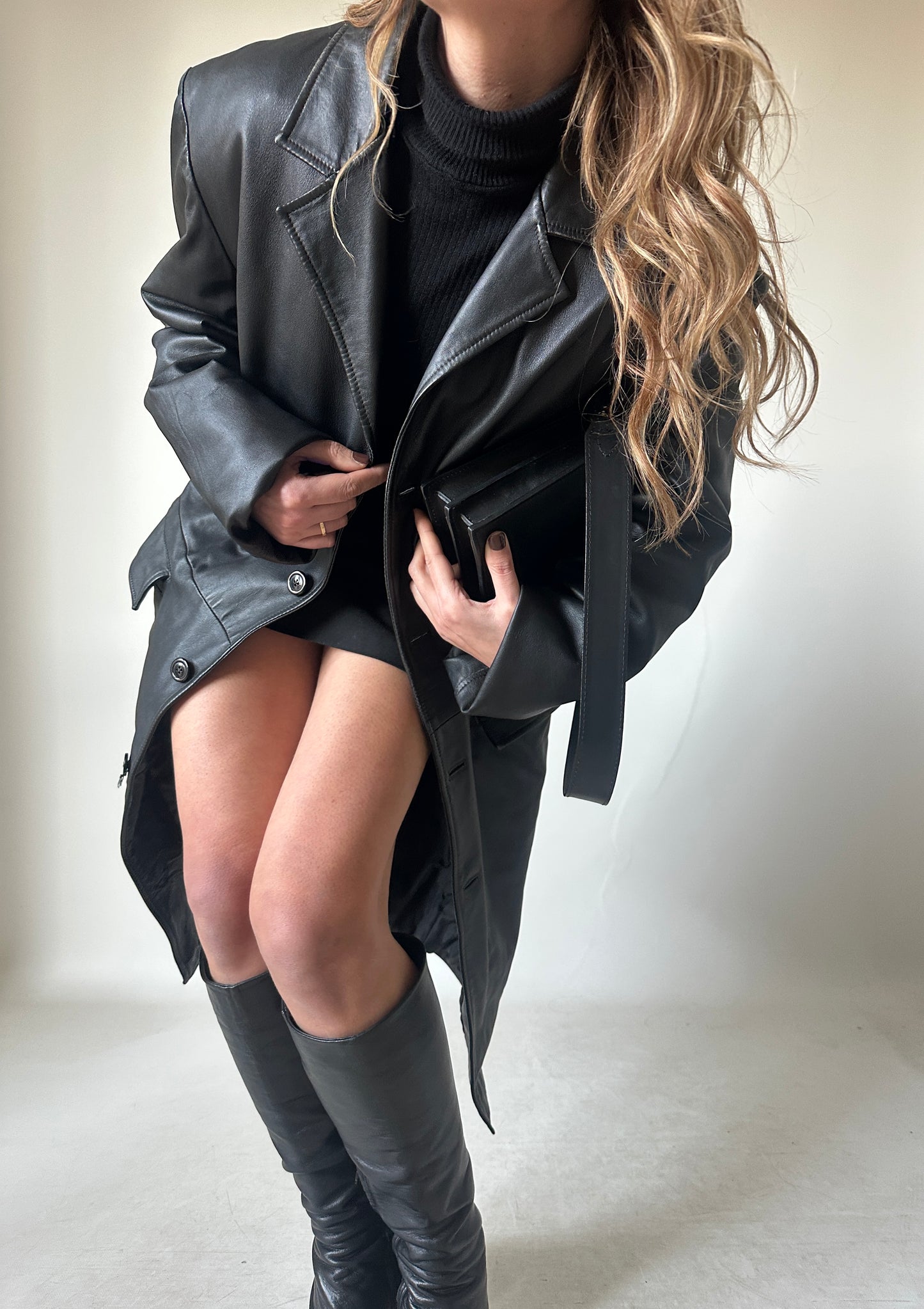 Long leather black coat