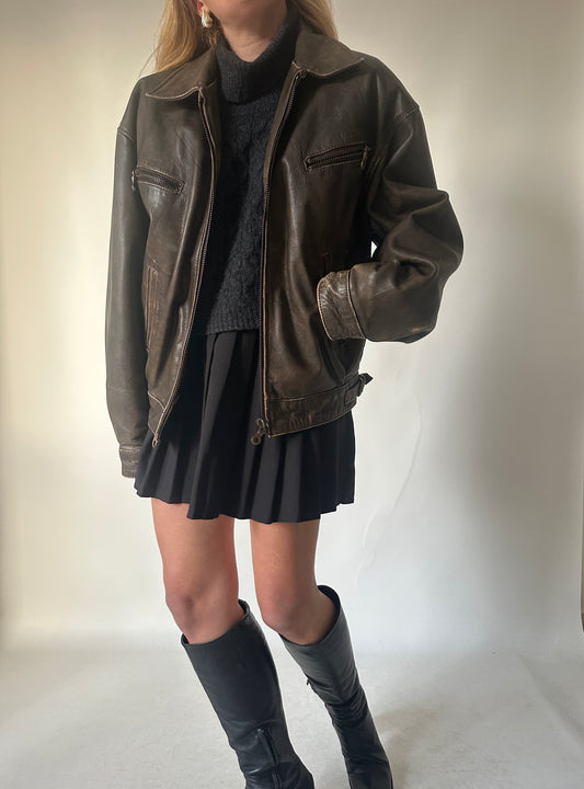 Chocolate used effect leather jacket