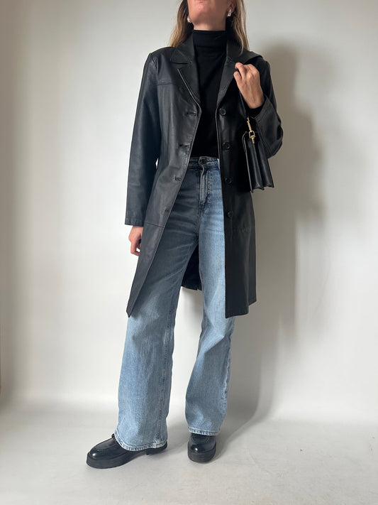 Black long leather trench