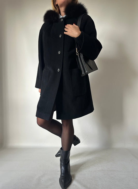 Virgin wool black coat with hood