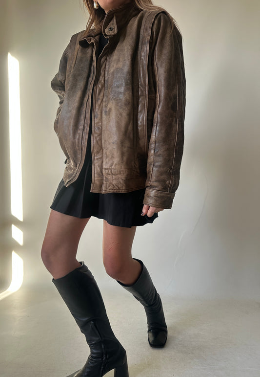 Unique brown distressed bomber