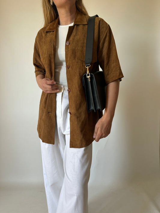 Brown suede half sleeves shirt