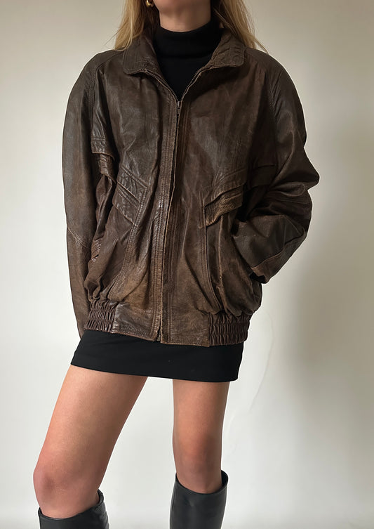 Used effect brown leather bomber