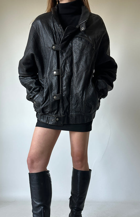 Oversize Paris black leather bomber