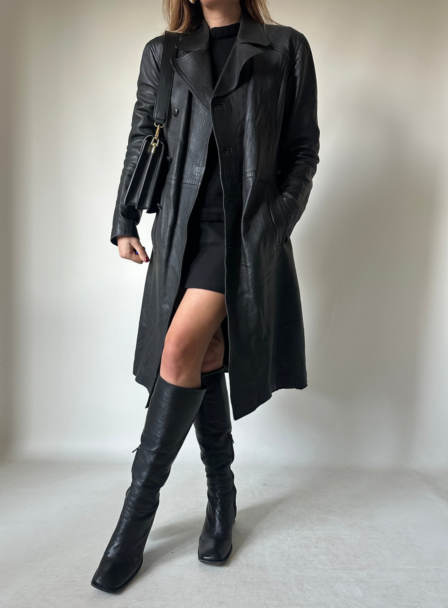 Black long leather trench
