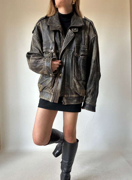 Unique distressed leather bomber
