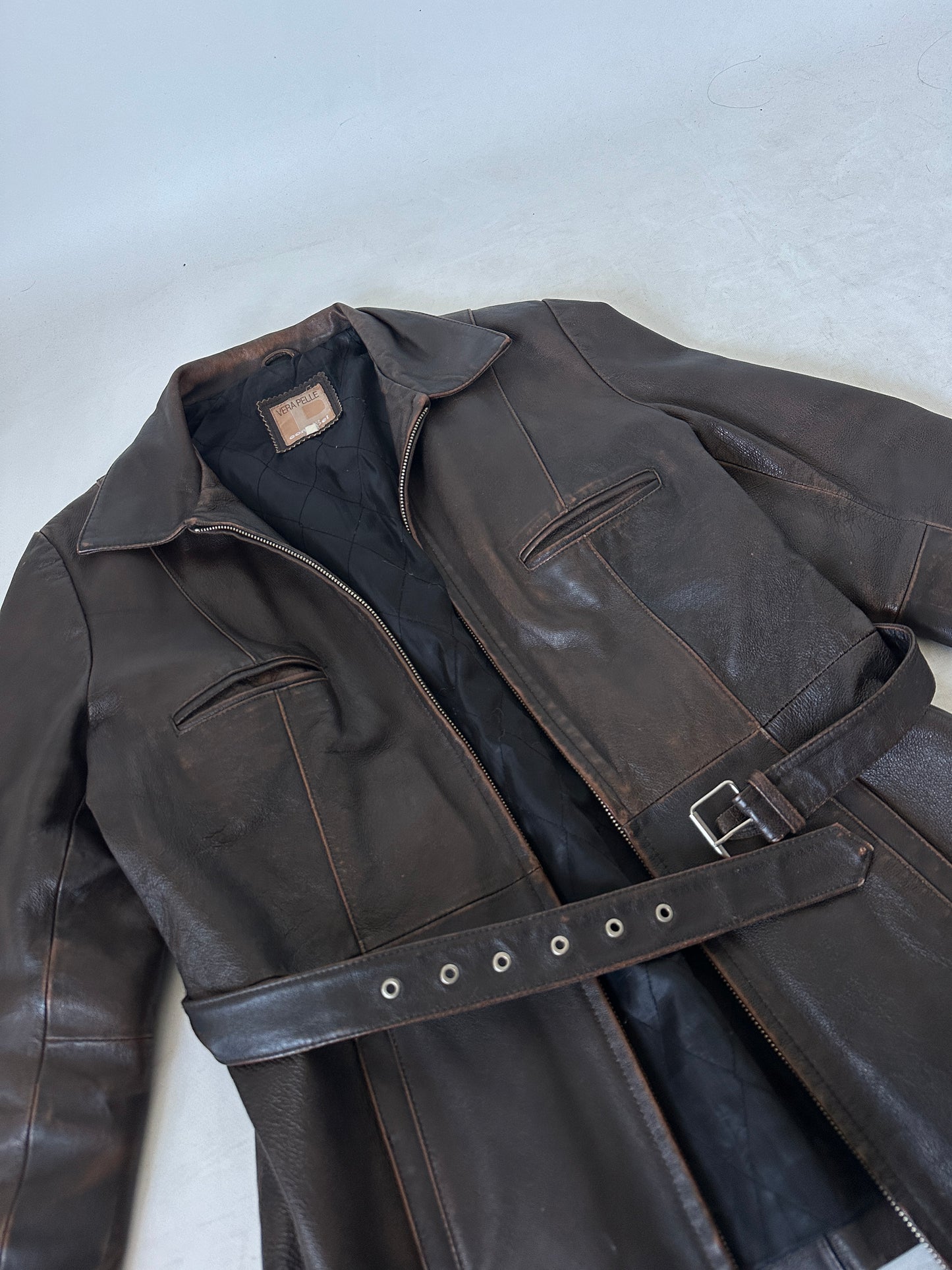 Chocolate distressed leather jacket with belt