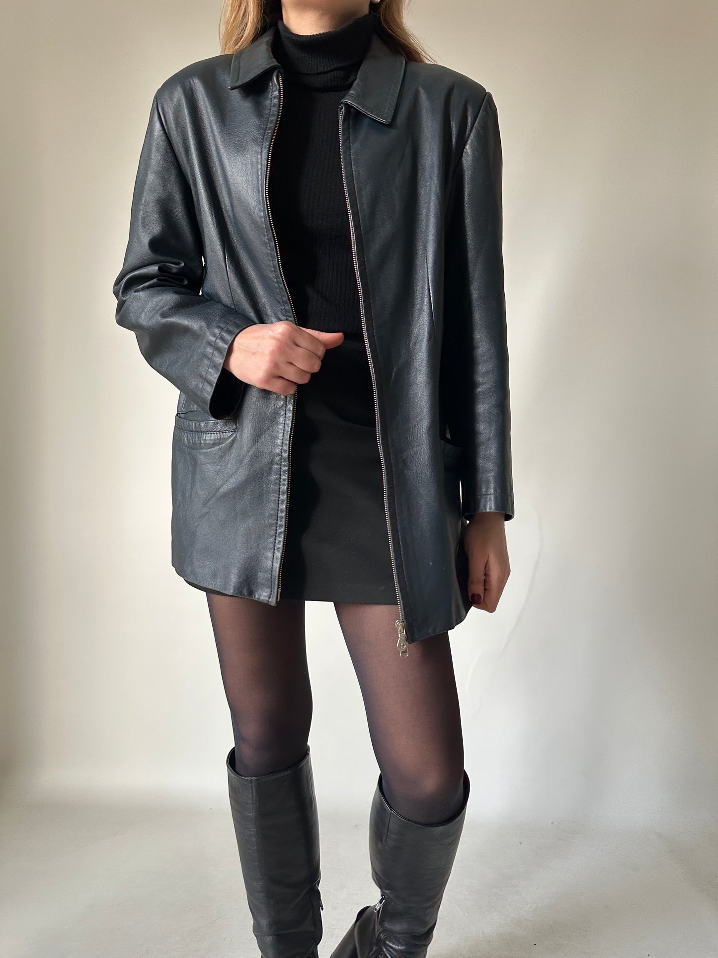 Minimal navy leather jacket