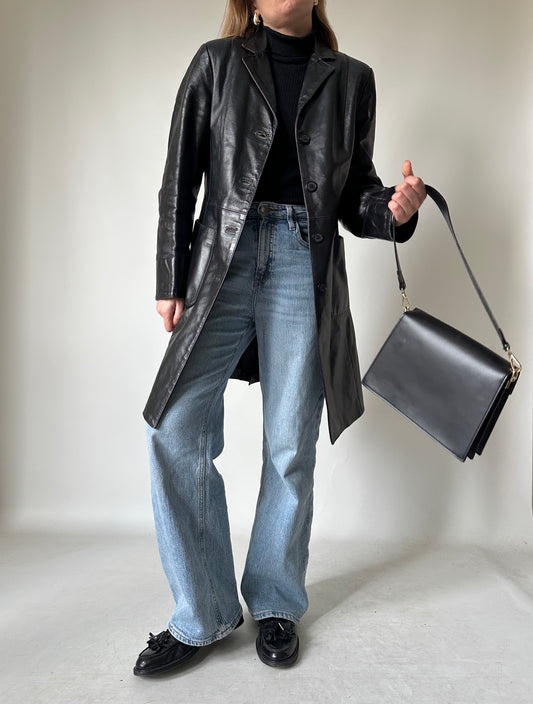 Black leather slim trench