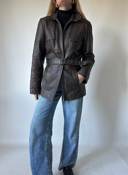 Chocolate distressed leather jacket with belt