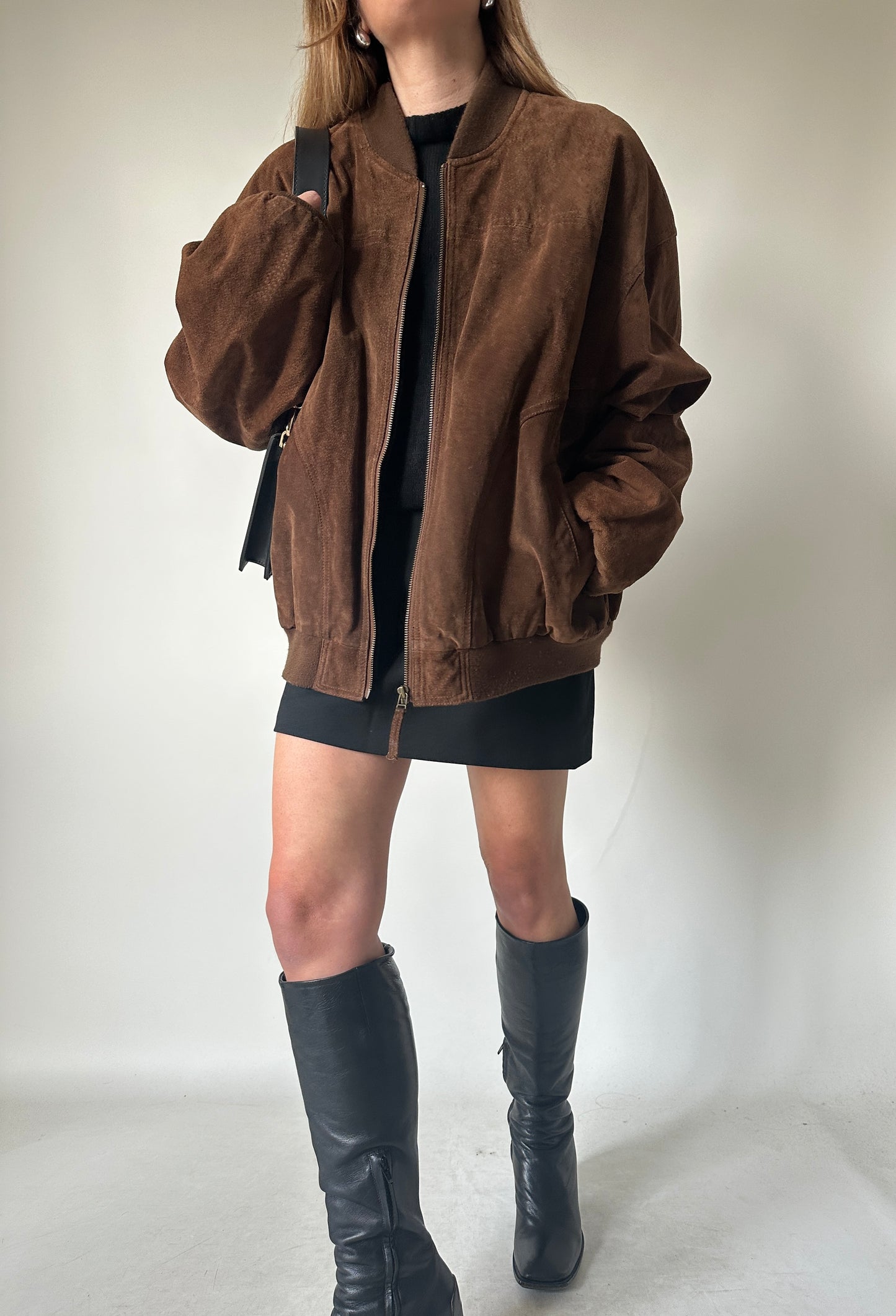 Chocolate oversize suede bomber
