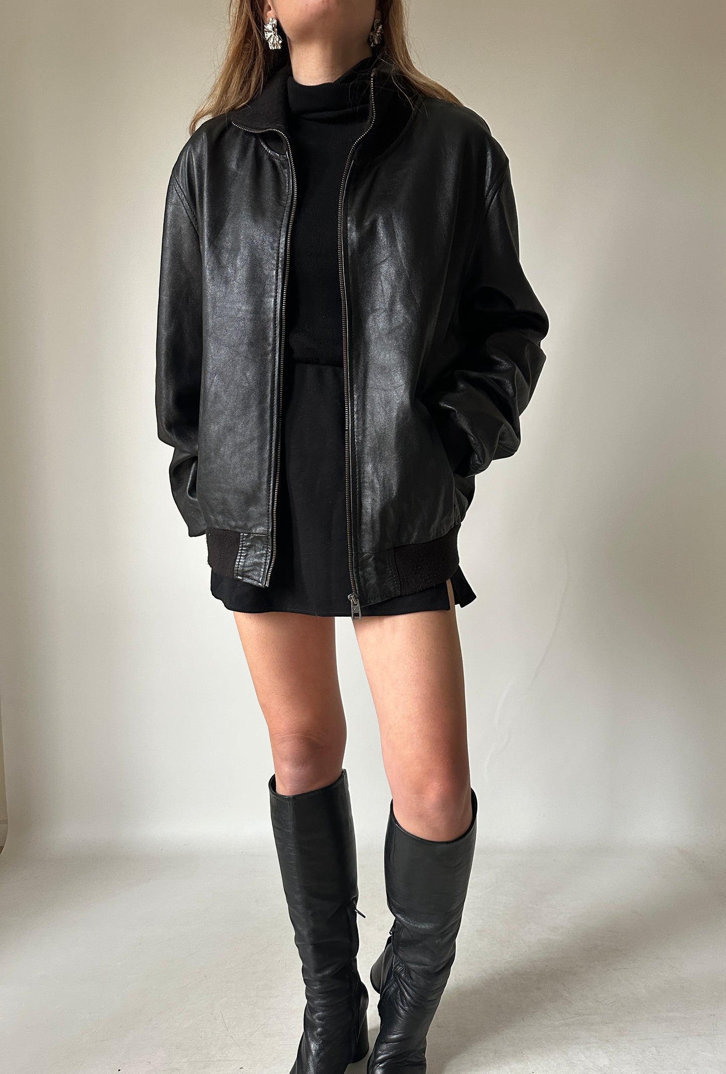Evergreen black leather bomber