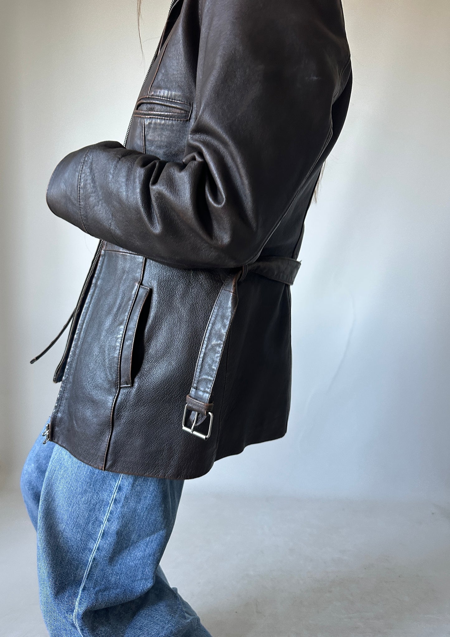 Chocolate distressed leather jacket with belt