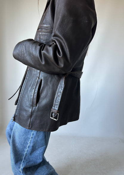 Chocolate distressed leather jacket with belt
