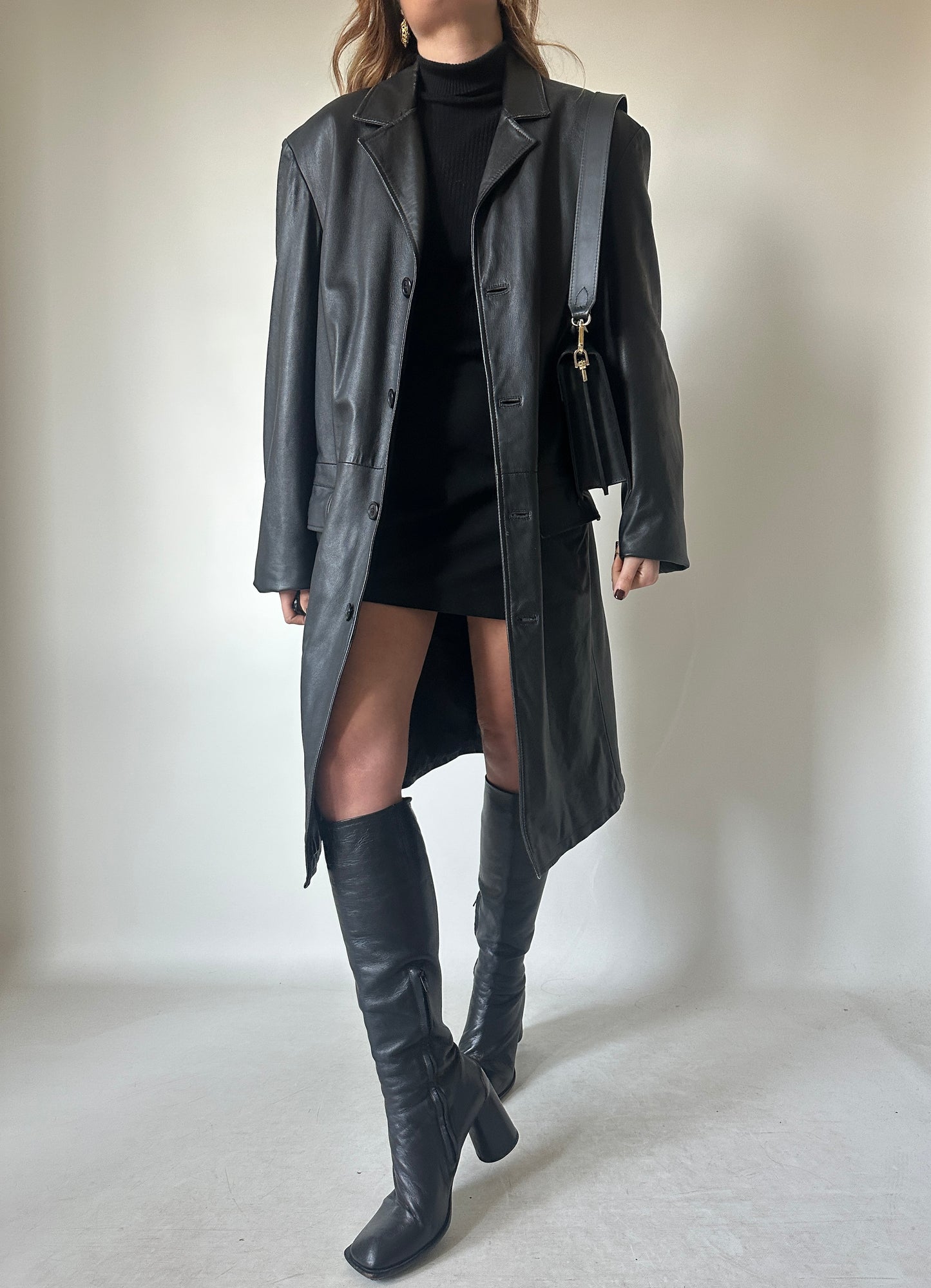 Long leather black coat