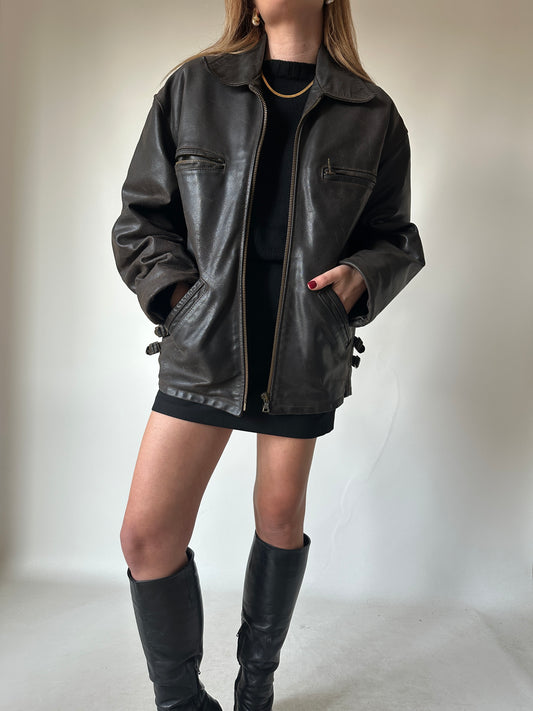 Chocolate distressed leather biker