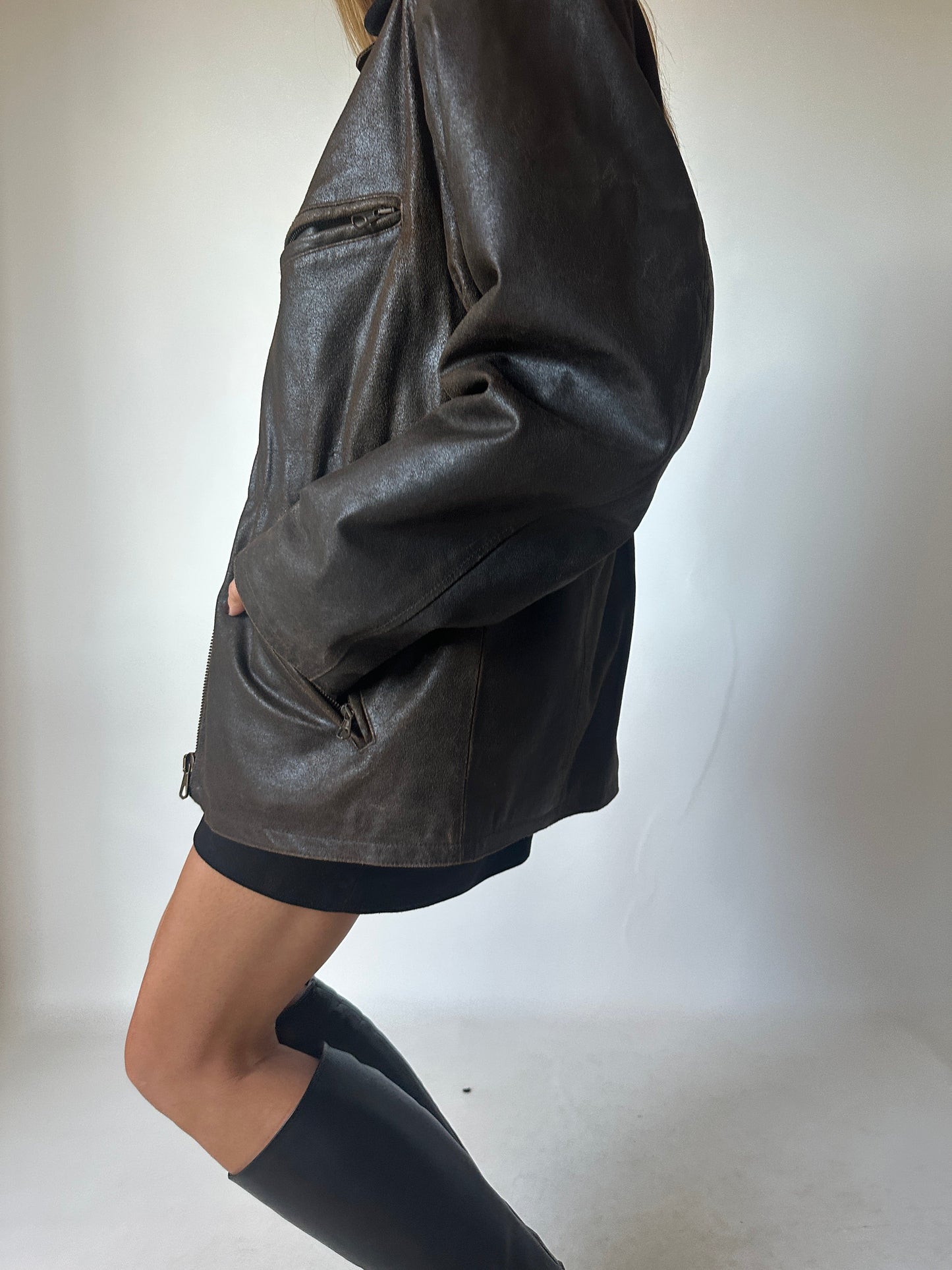Chocolate distressed leather jacket