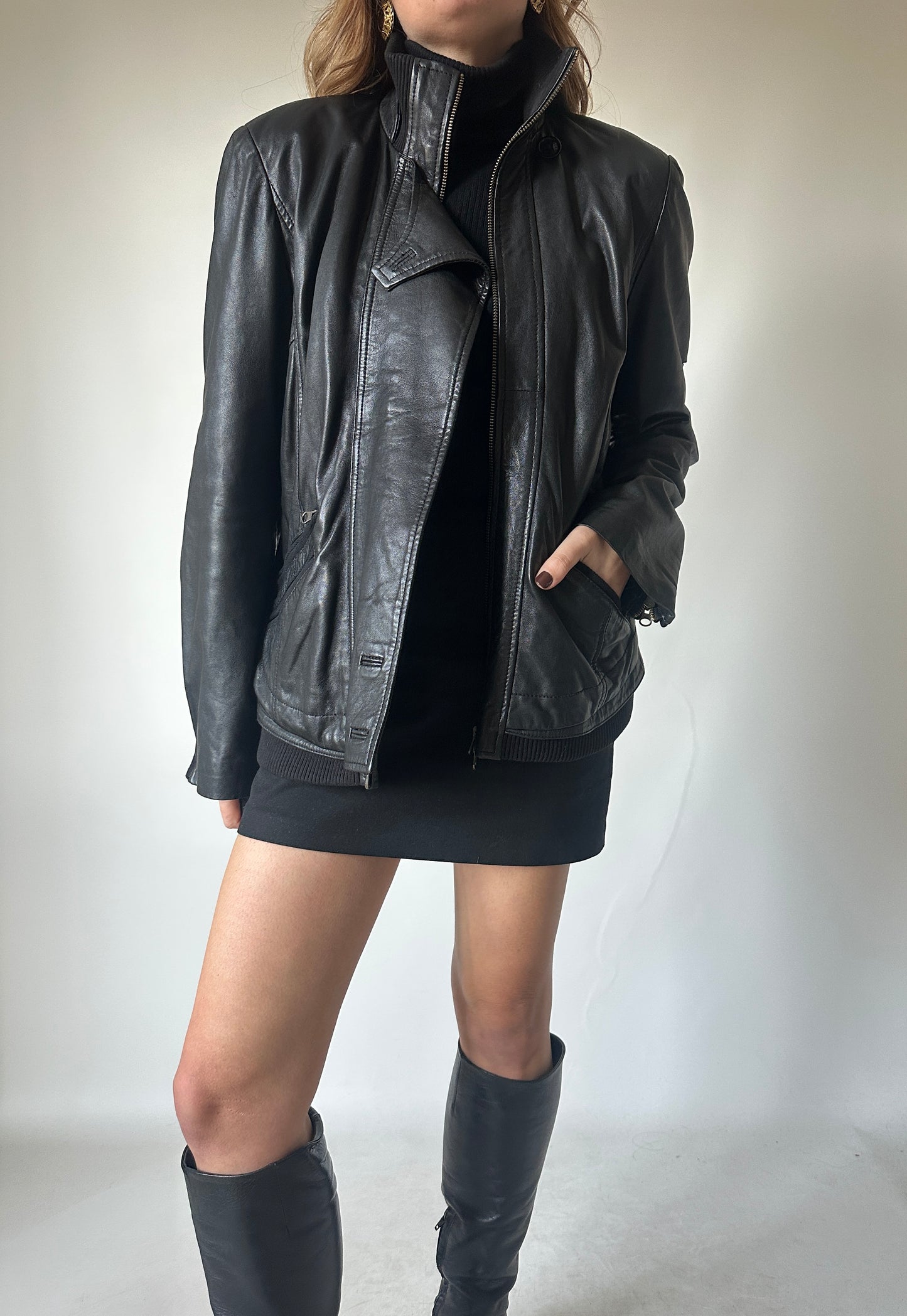 Leather black petite bomber