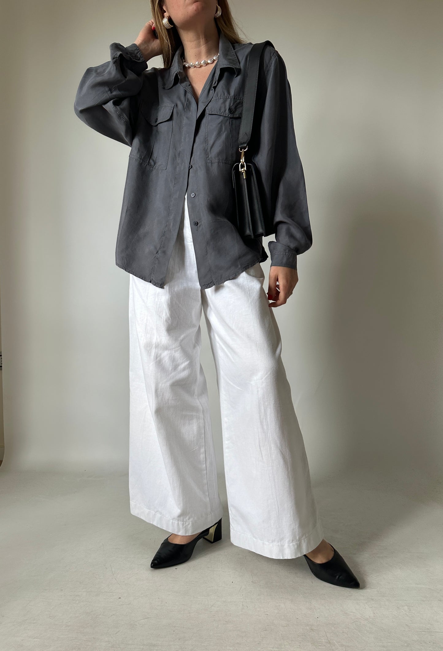 Grey oversize 100% silk shirt