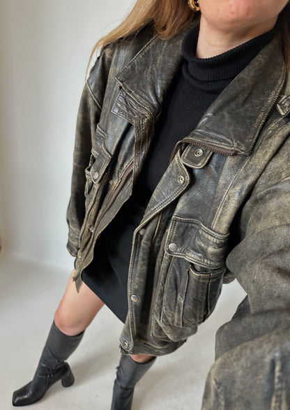 Unique distressed leather bomber