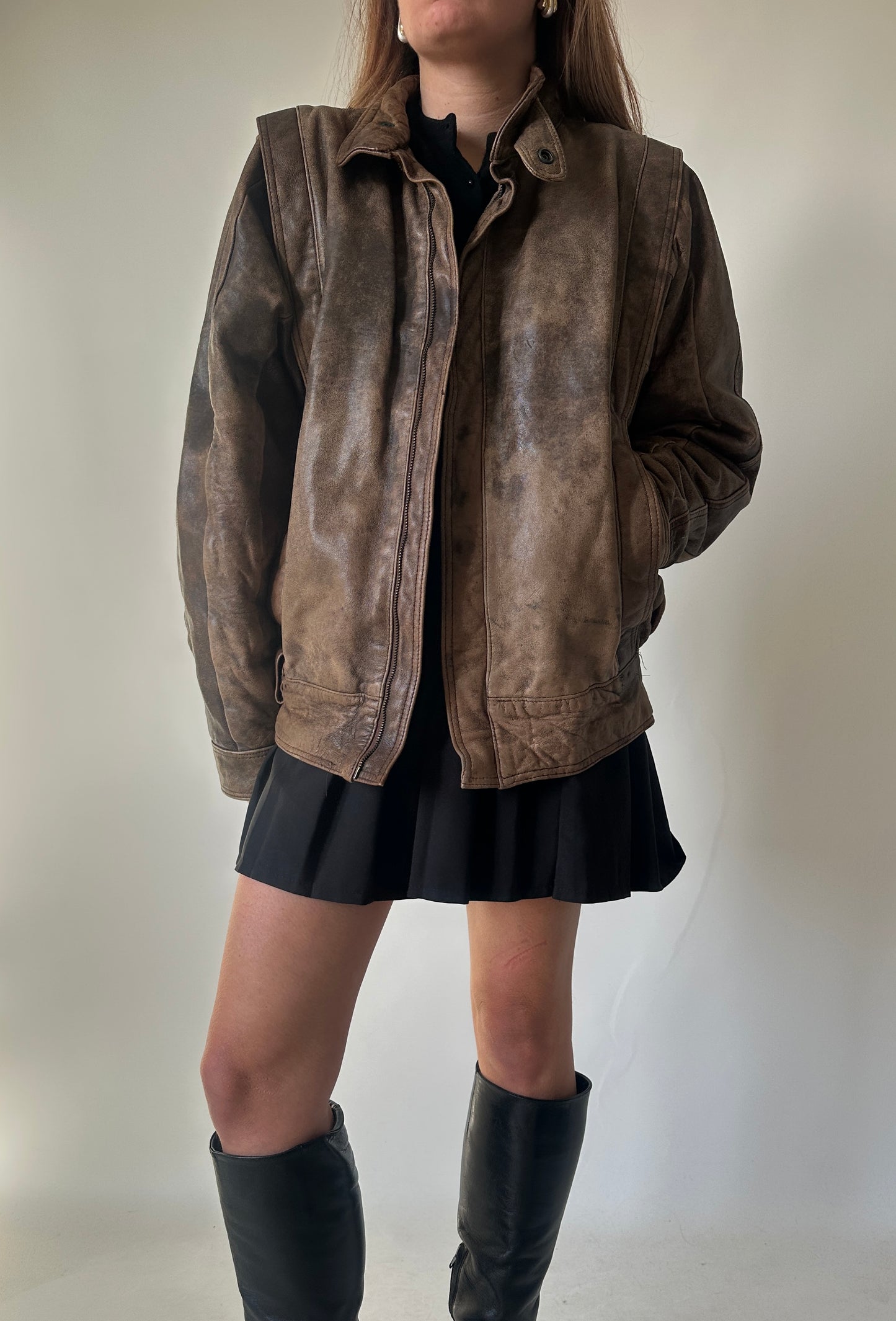 Unique brown distressed bomber
