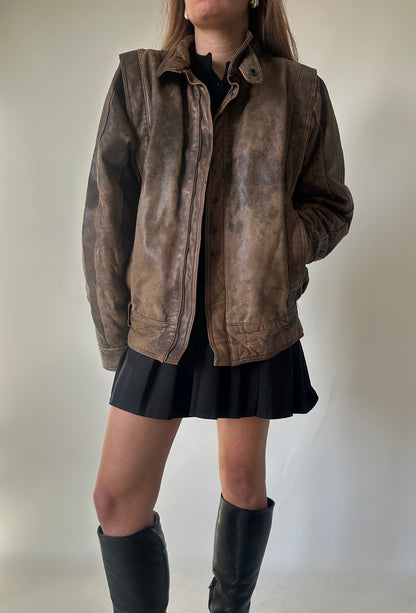 Unique brown distressed bomber