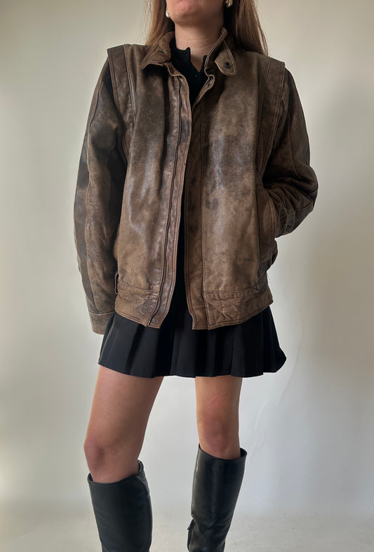 Unique brown distressed bomber