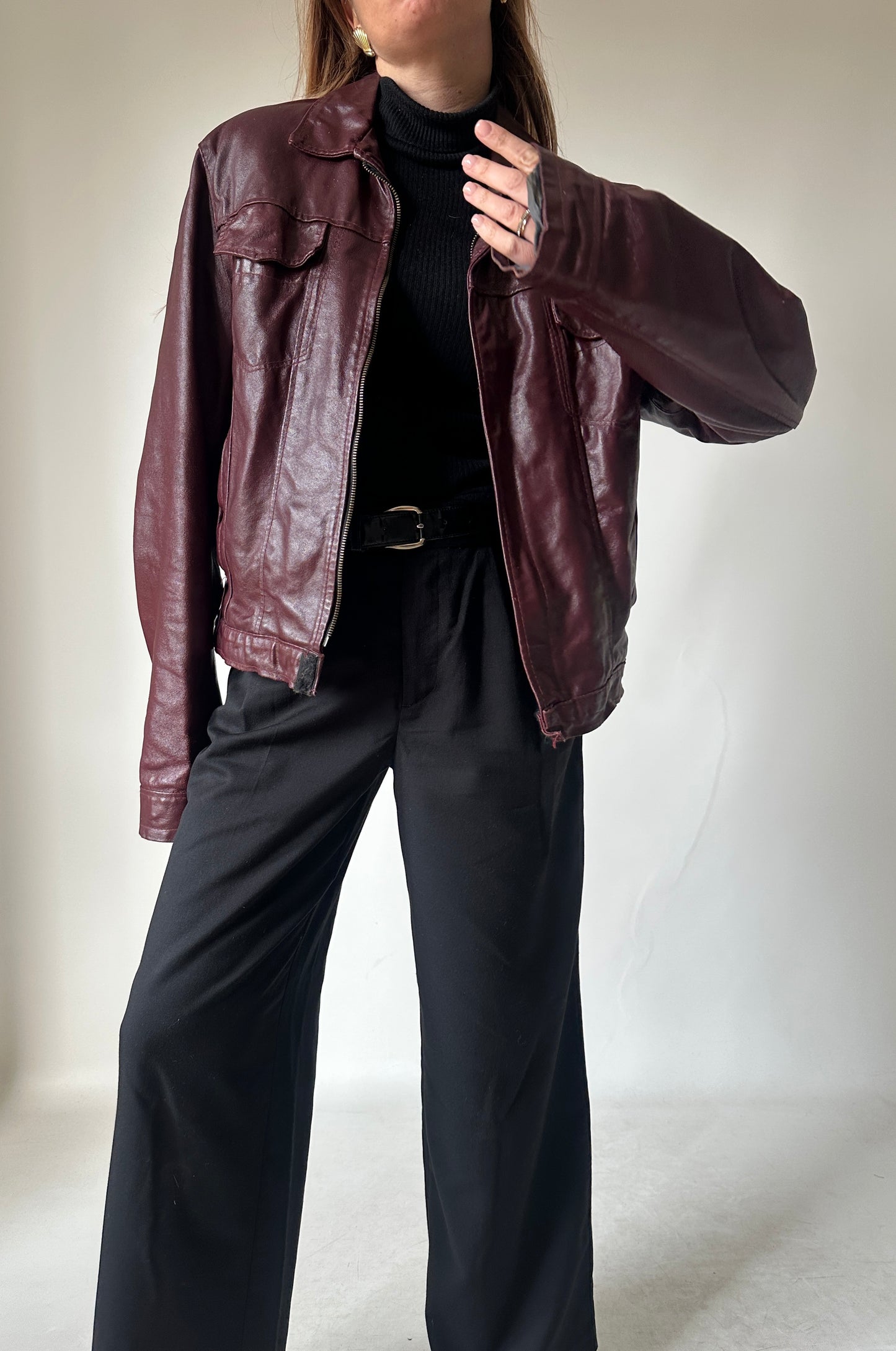 Burgundy minimal leather jacket