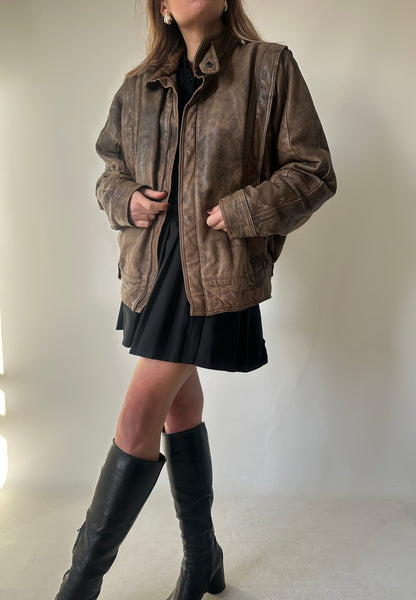 Unique brown distressed bomber