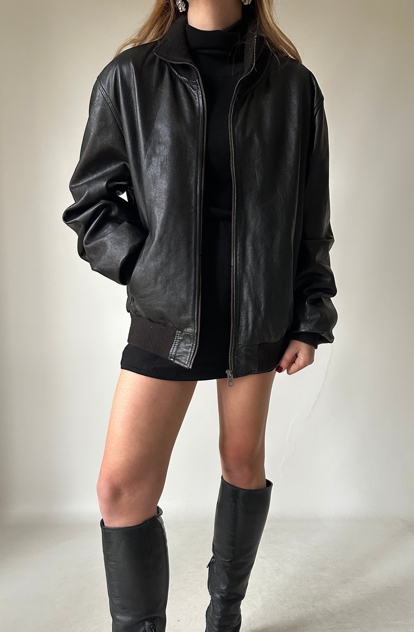 Evergreen black leather bomber