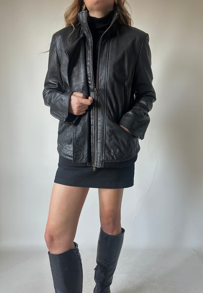 Leather black petite bomber