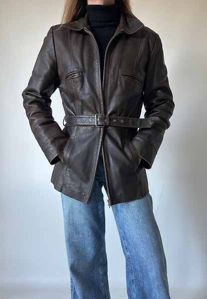 Chocolate distressed leather jacket with belt