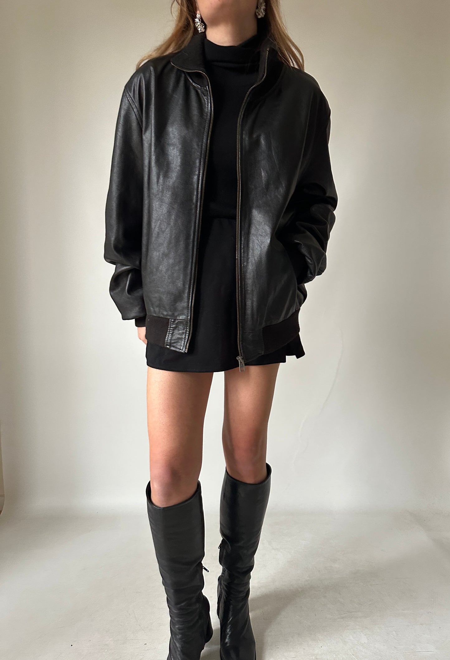 Evergreen black leather bomber