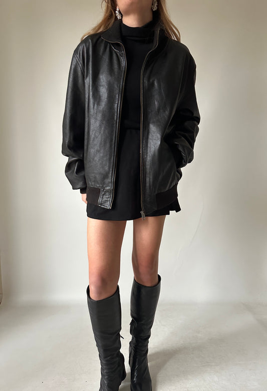 Evergreen black leather bomber