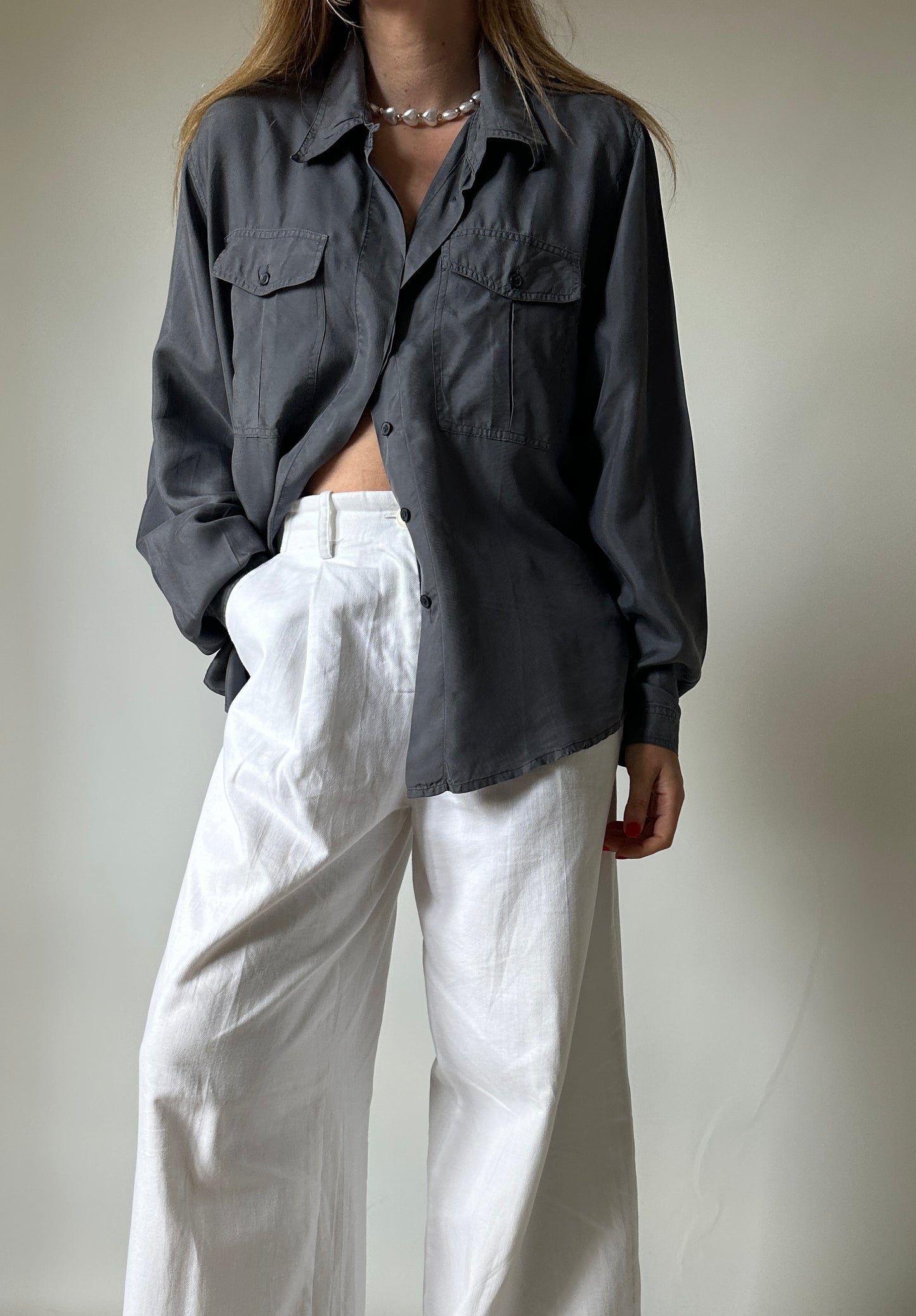 Grey oversize 100% silk shirt