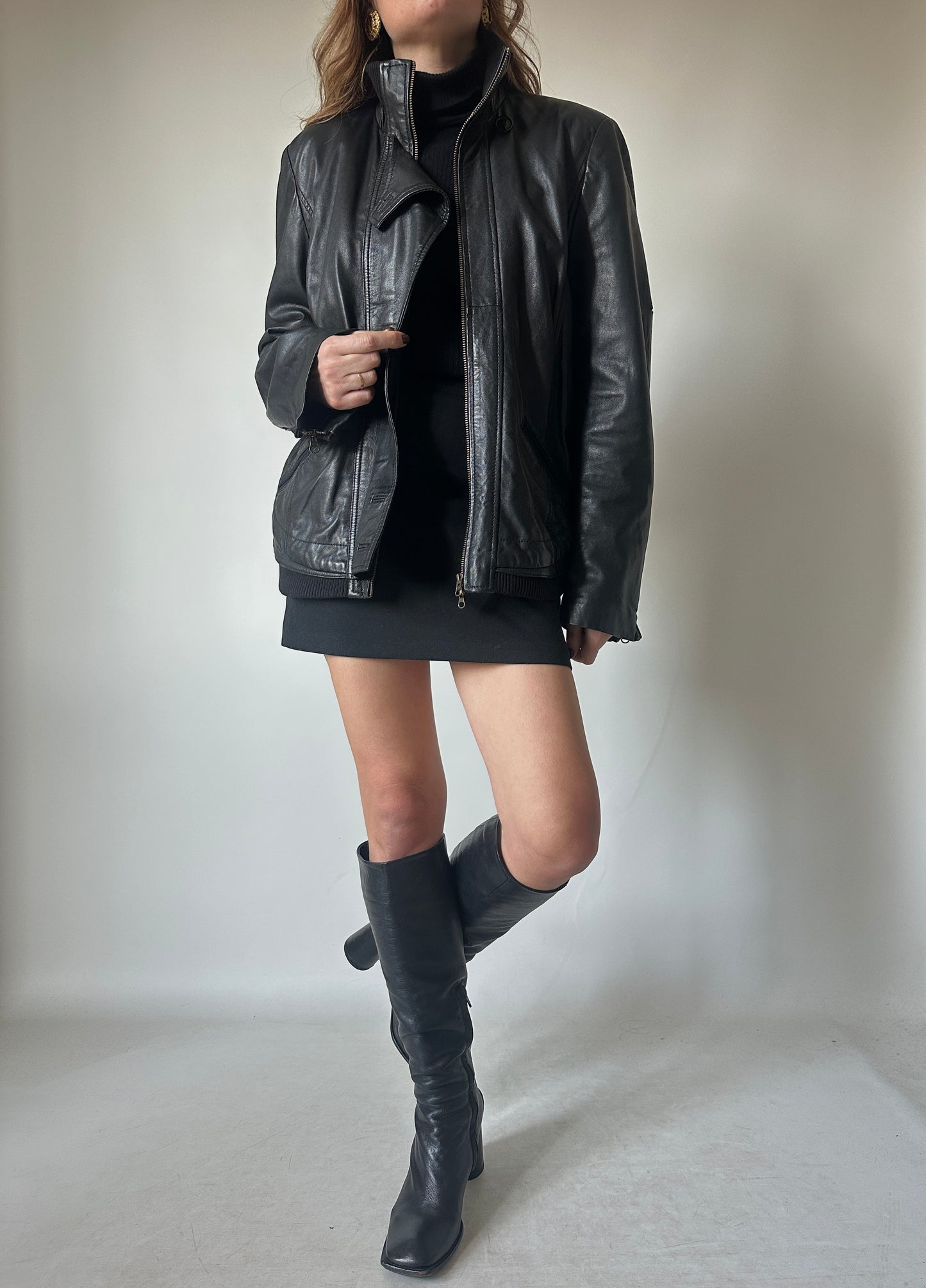 Leather black petite bomber