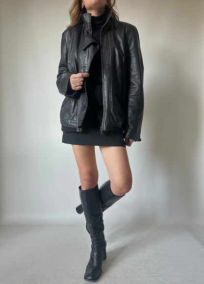 Leather black petite bomber