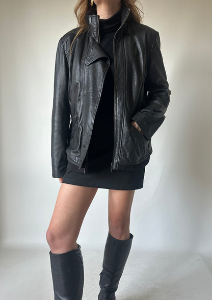Leather black petite bomber