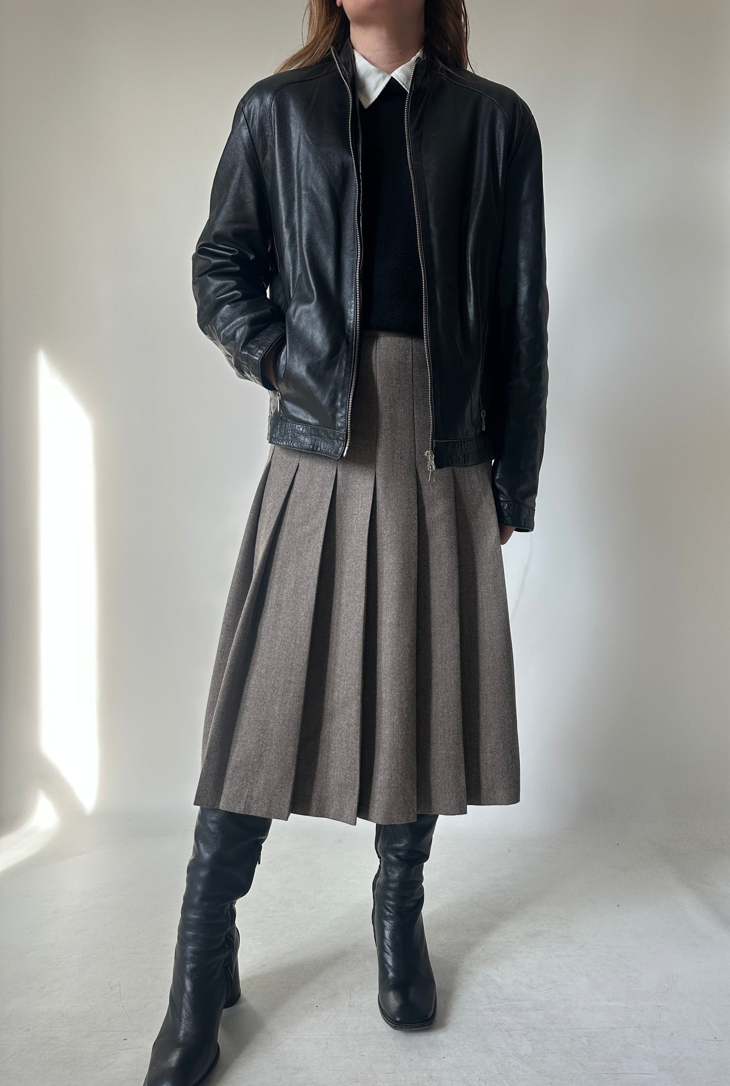 Black leather petite bomber