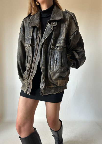 Unique distressed leather bomber