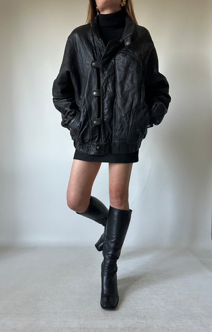 Oversize Paris black leather bomber