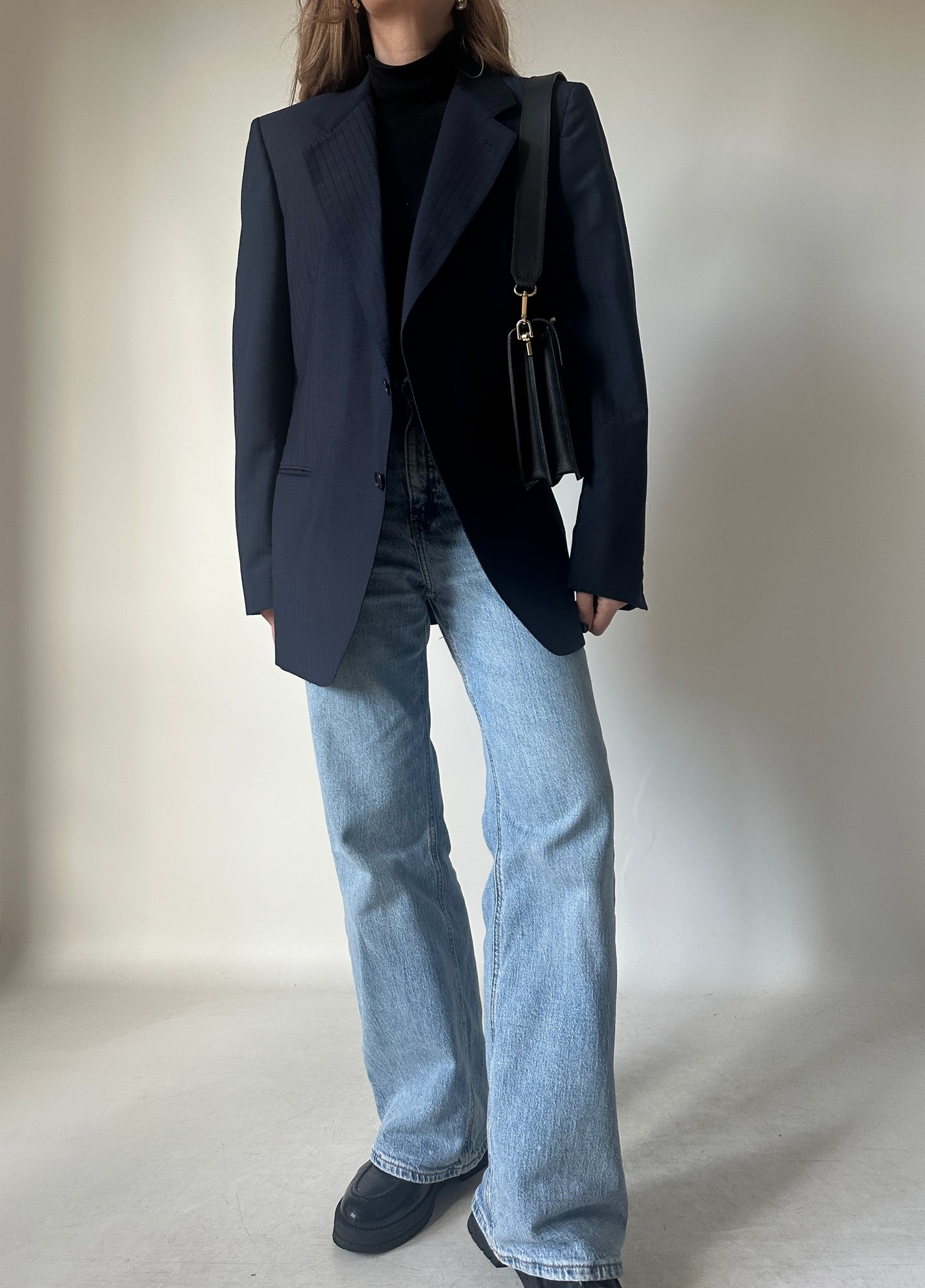Minimal navy pinstriped blazer