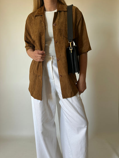 Brown suede half sleeves shirt