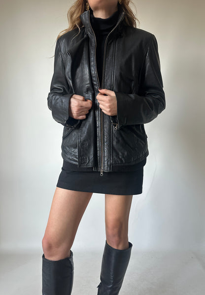 Leather black petite bomber