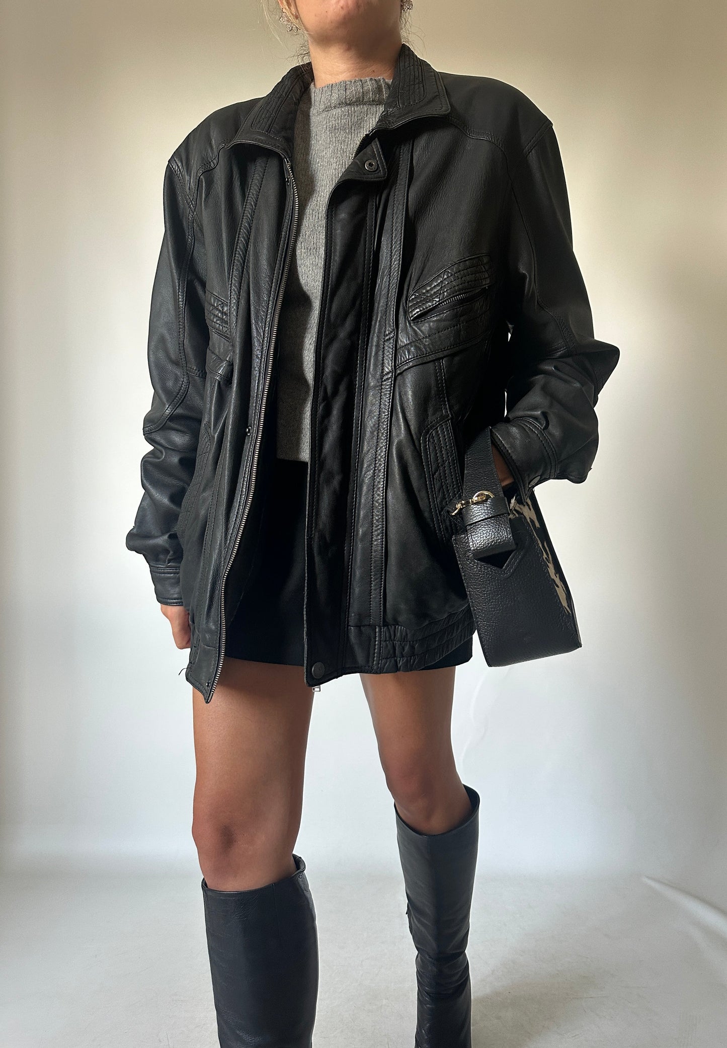 Genderless black leather bomber