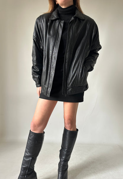Minimal black leather bomber