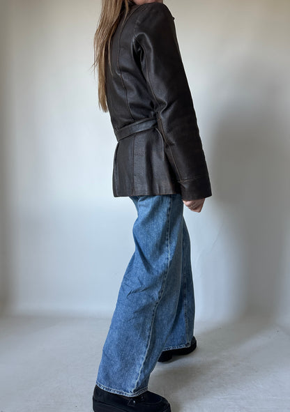 Chocolate distressed leather jacket with belt