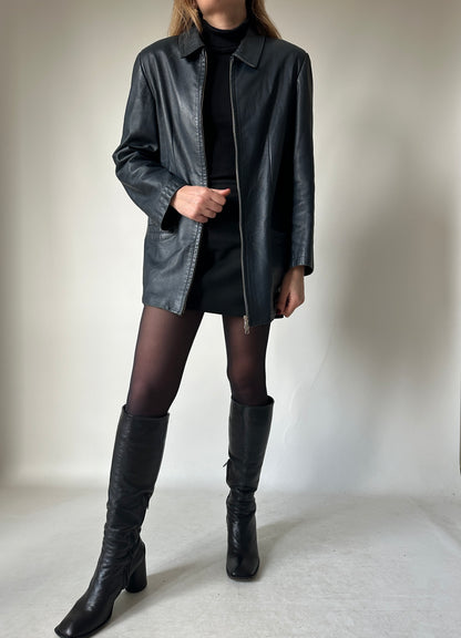 Minimal navy leather jacket